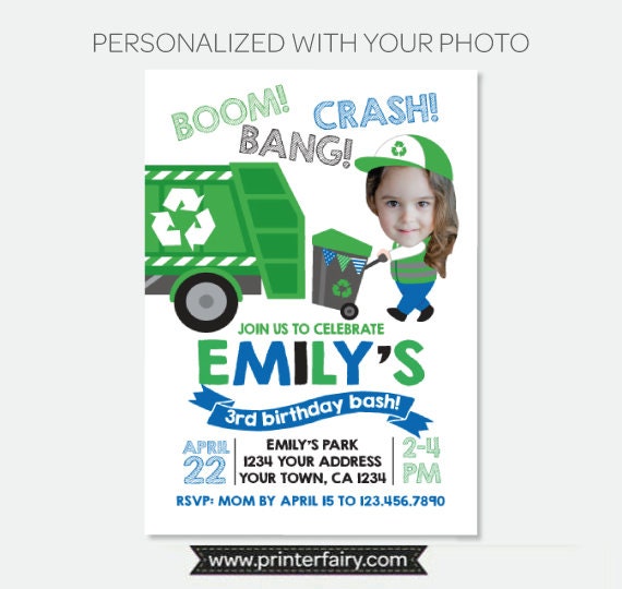 Garbage Truck Personalized Birthday Invitation with Photo, Digital or Printable Design