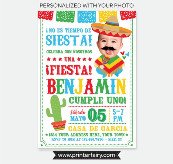 Fiesta First Birthday Invitation with Photo, Spanish (Digital Invite)