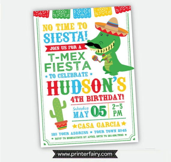 T-Mex Fiesta Birthday Invitation, Dinosaur Invite (Digital)