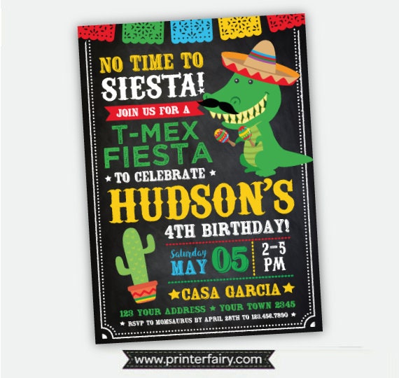 T-Mex Fiesta Birthday Invitation, Dinosaur Invite (Digital)