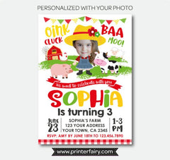 Farm Girl Birthday Invitation with Photo, Barnyard Animals (Digital Invitation)