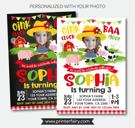 Farm Girl Birthday Invitation with Photo, Barnyard Animals (Digital Invitation)