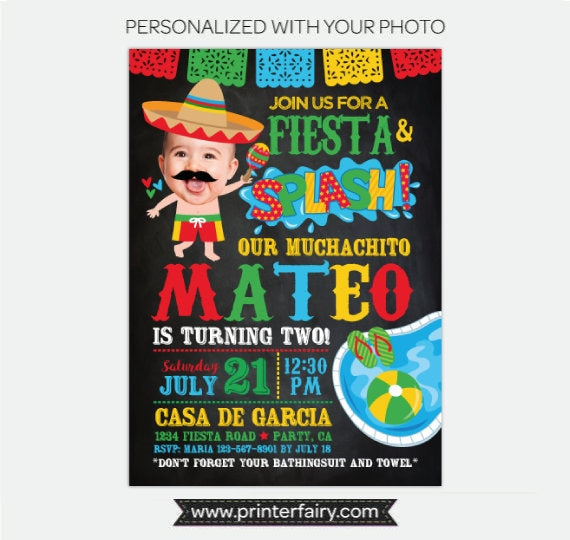 Fiesta Pool Birthday Invitation with Photo (Digital Invitation)