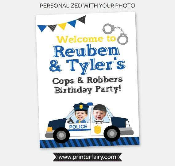 Personalized Cops and Robbers Birthday Welcome Sign with Photo (Digital Printable)
