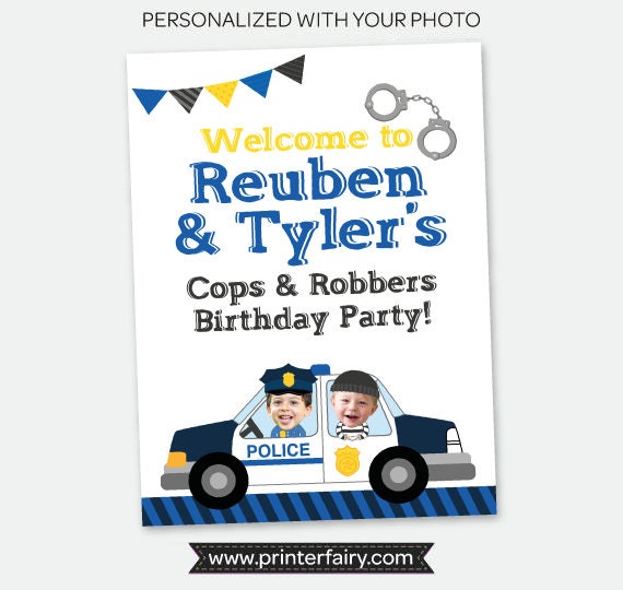 Personalized Cops and Robbers Birthday Welcome Sign with Photo (Digital Printable)