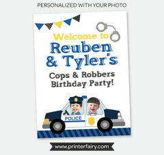 Personalized Cops and Robbers Birthday Welcome Sign with Photo (Digital Printable)