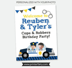 Personalized Cops and Robbers Birthday Welcome Sign with Photo (Digital Printable)