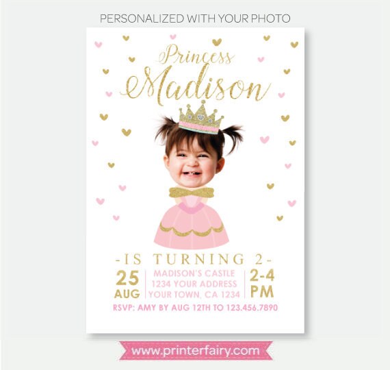 Princess Birthday Invitation personalized with Photo for Any Age, Digital or Printable Design