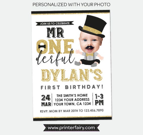 Mr Onederful First Birthday Invitation with Photo, Personalized Digital Designs