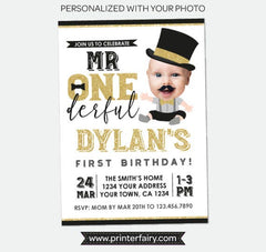 Mr Onederful First Birthday Invitation with Photo, Personalized Digital Designs