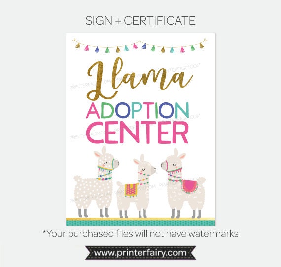 Llama Pet Adoption Party Activity Center Sign and Certificate, Instant Download