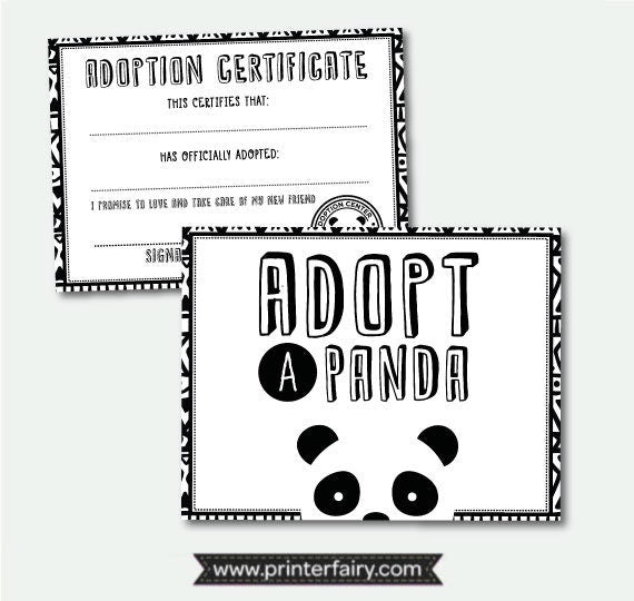 Panda Adoption Certificate, Birthday Party Printables (Instant Download)
