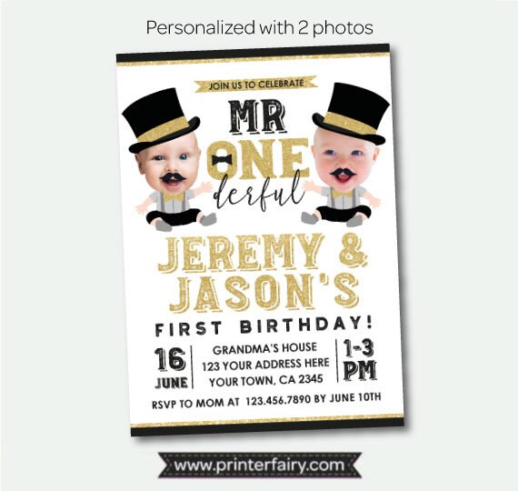 Mr. Onederful Twins Birthday Personalized Invitation with Photo, Digital Design