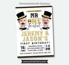 Mr. Onederful Twins Birthday Personalized Invitation with Photo, Digital Design