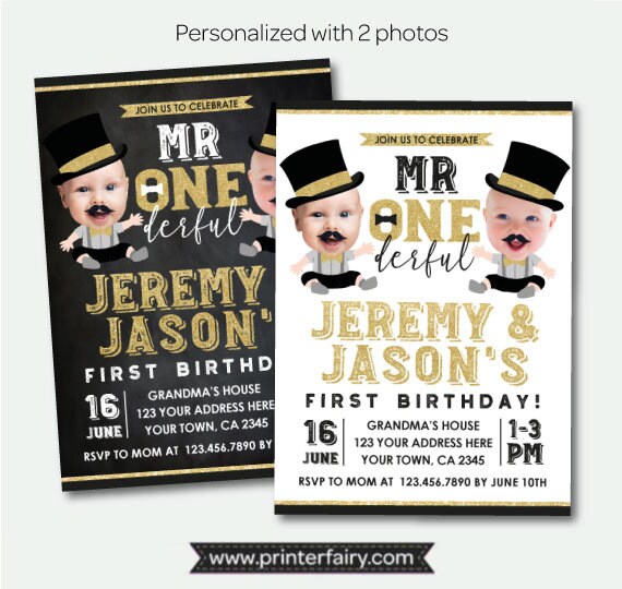 Mr. Onederful Twins Birthday Personalized Invitation with Photo, Digital Design