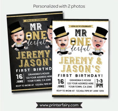 Mr. Onederful Twins Birthday Personalized Invitation with Photo, Digital Design
