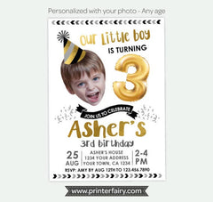 Boy Birthday Invitation with Photo, Balloon Invite (Digital)