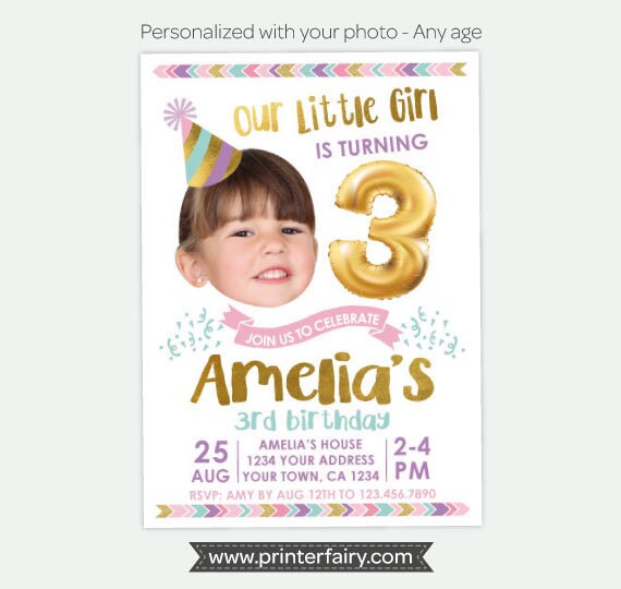 Girl Birthday Invitation with Photo, Balloon Theme (Digital)