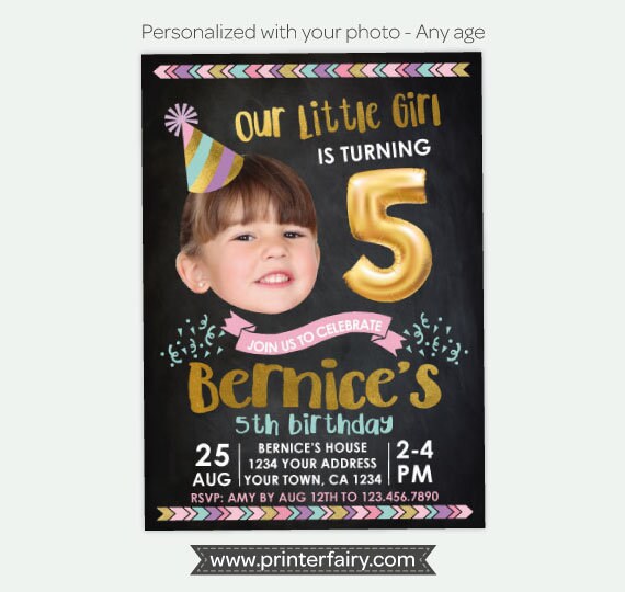 Girl Birthday Invitation with Photo, Balloon Theme (Digital)