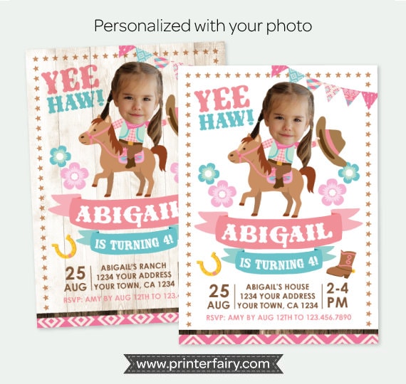 Cowgirl Photo Birthday Invitation, Horse Party (Digital Invite)