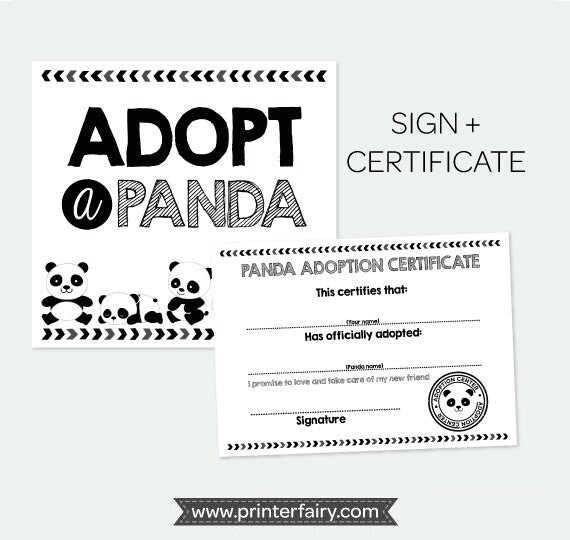 Adopt a Panda Sign and Certificate, Pet Adoption Party, Instant Download