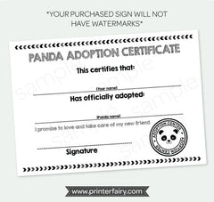 Adopt a Panda Sign and Certificate, Pet Adoption Party, Instant Download