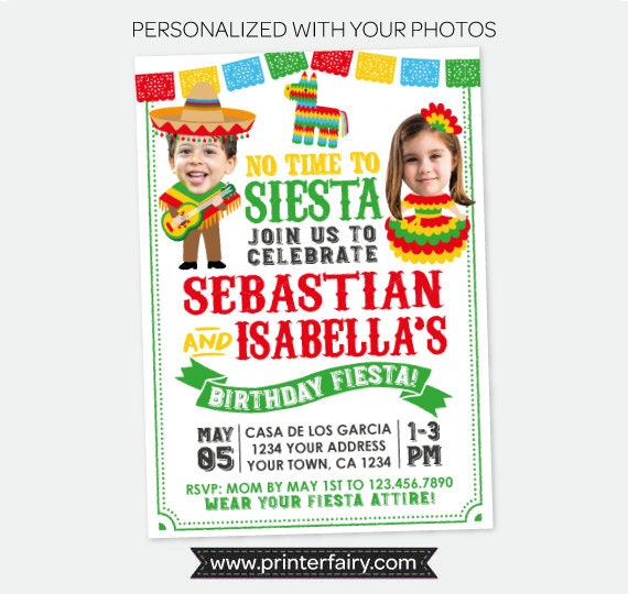 Fiesta Birthday Invitation with Photo, Sibling Joint Party (Digital Invitation)