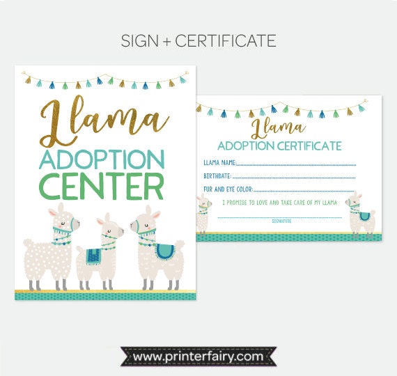 Llama Adoption Center Sign and Certificate, Adopt a Llama, Printable Item DIGITAL, Instant Download