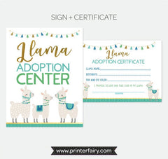 Llama Adoption Center Sign and Certificate, Adopt a Llama, Printable Item DIGITAL, Instant Download