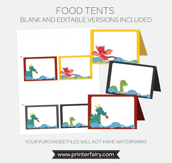 Dragon Food Tents Printable PDF Template and blank versions, Instant Download