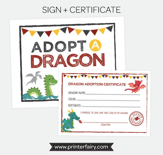 Adopt a Dragon Sign and Certificate, Dragon Birthday Party (Instant Download)