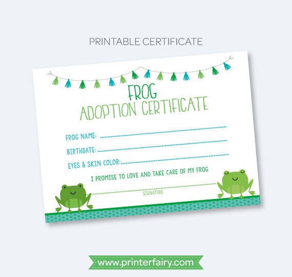Frog Adoption Party Sign and Certificate (Printable)