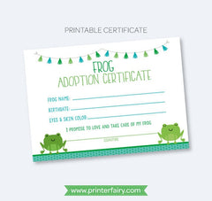 Frog Adoption Party Sign and Certificate (Printable)