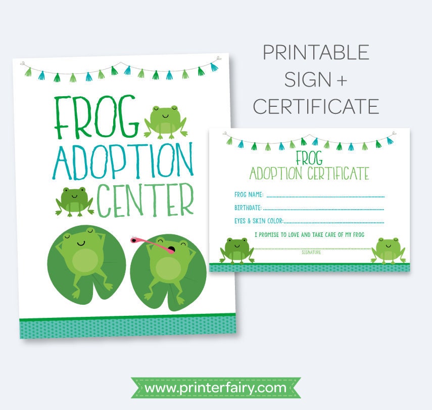 Frog Adoption Party Sign and Certificate (Printable)