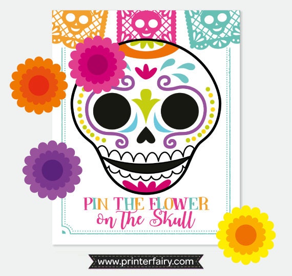 Day of the Dead Party Game, Pin the Flower on Skull, Digital Printable Instant Download