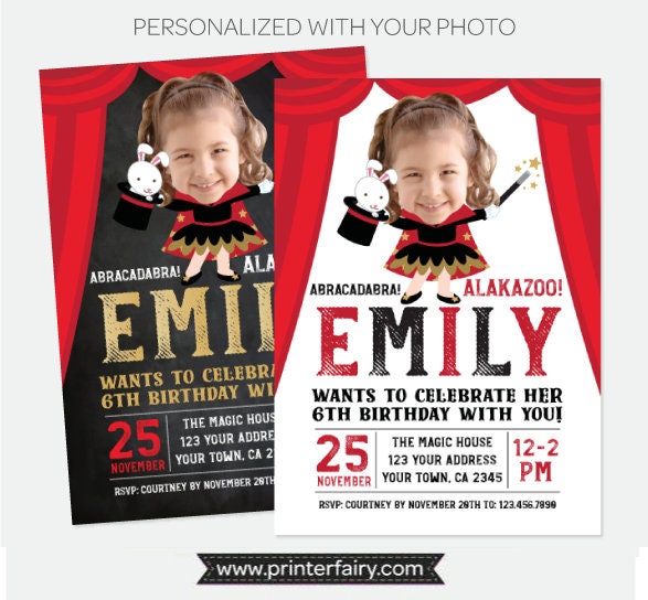 Magic Show Girl Birthday Invitation with Photo, Personalized Digital or Printable Design
