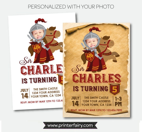 Knight Birthday Party Invitation Personalized with Photo, Digital Printable Design