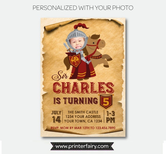 Knight Birthday Party Invitation Personalized with Photo, Digital Printable Design