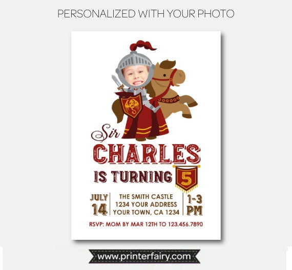 Knight Birthday Party Invitation Personalized with Photo, Digital Printable Design