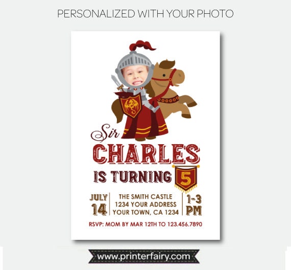 Knight Birthday Party Invitation Personalized with Photo, Digital Printable Design