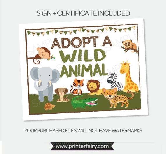 Adopt a Wild Animal Sign & Certificate, Safari Party (Printable PDF)
