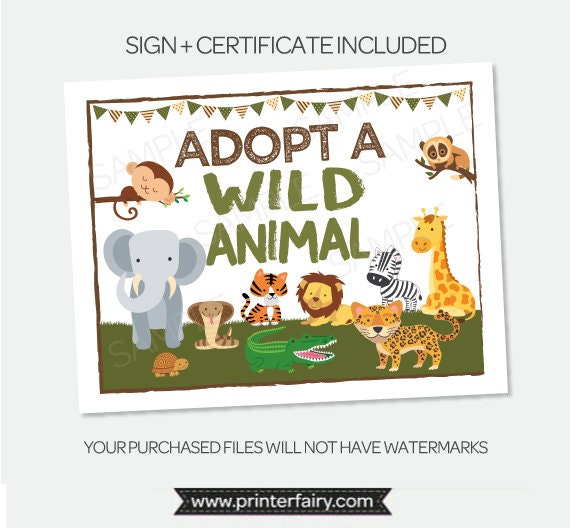 Adopt a Wild Animal Sign & Certificate, Safari Party (Printable PDF)