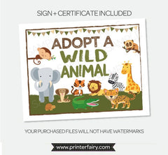 Adopt a Wild Animal Sign & Certificate, Safari Party (Printable PDF)