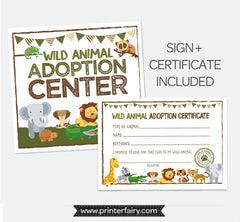 Wild Animal Pet Adoption Party Sign and Certificate, Reaty to print INSTANT DOWNLOAD