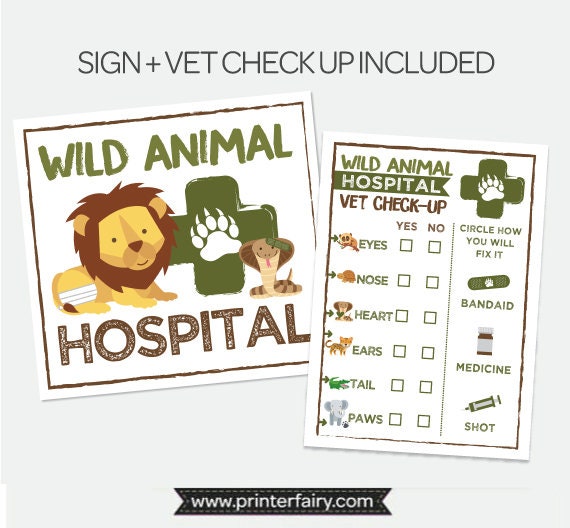 Wild Animal Hospital Sign, Vet Checkup, Safari Birthday (Printable PDF)
