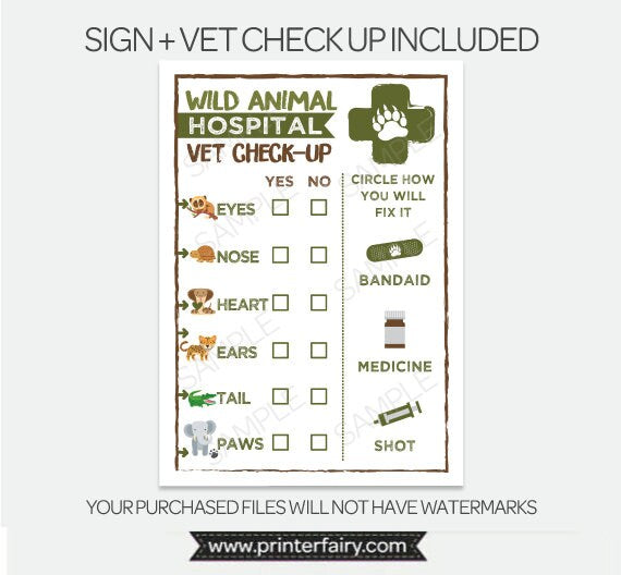 Wild Animal Hospital Sign, Vet Checkup, Safari Birthday (Printable PDF)