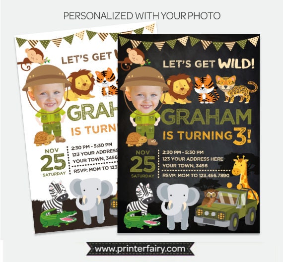 Safari Birthday Invitation with Photo, Jungle Animals (Digital Invite)