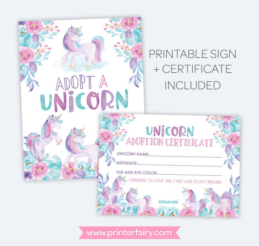 Unicorn Adoption Party Sign and Certificate, Instant Download