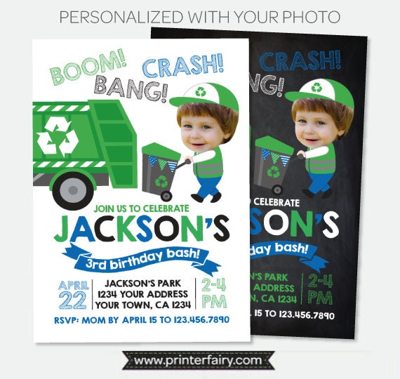 Trash Truck Personalized Birthday Invitation with Photo, Garbage Digital or Printable Invite Design