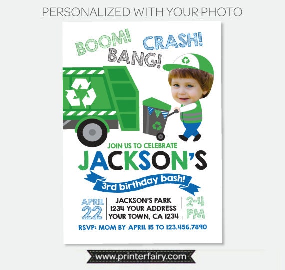 Trash Truck Personalized Birthday Invitation with Photo, Garbage Digital or Printable Invite Design
